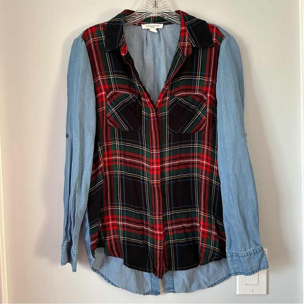 BeachLunchLounge Plaid front mixed with denim sleeves and back button down